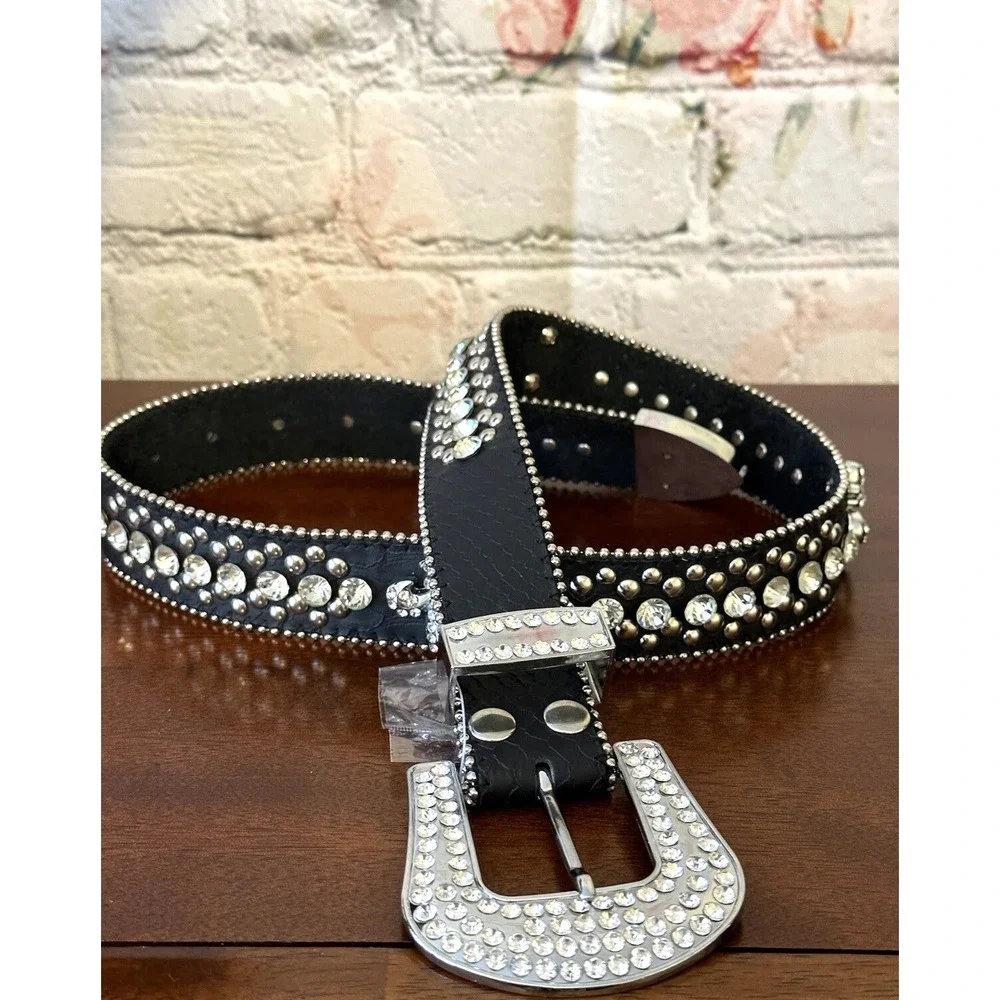 Women's Black Rhinestone Leather Belt size S/M Western Style Black Belt Bling